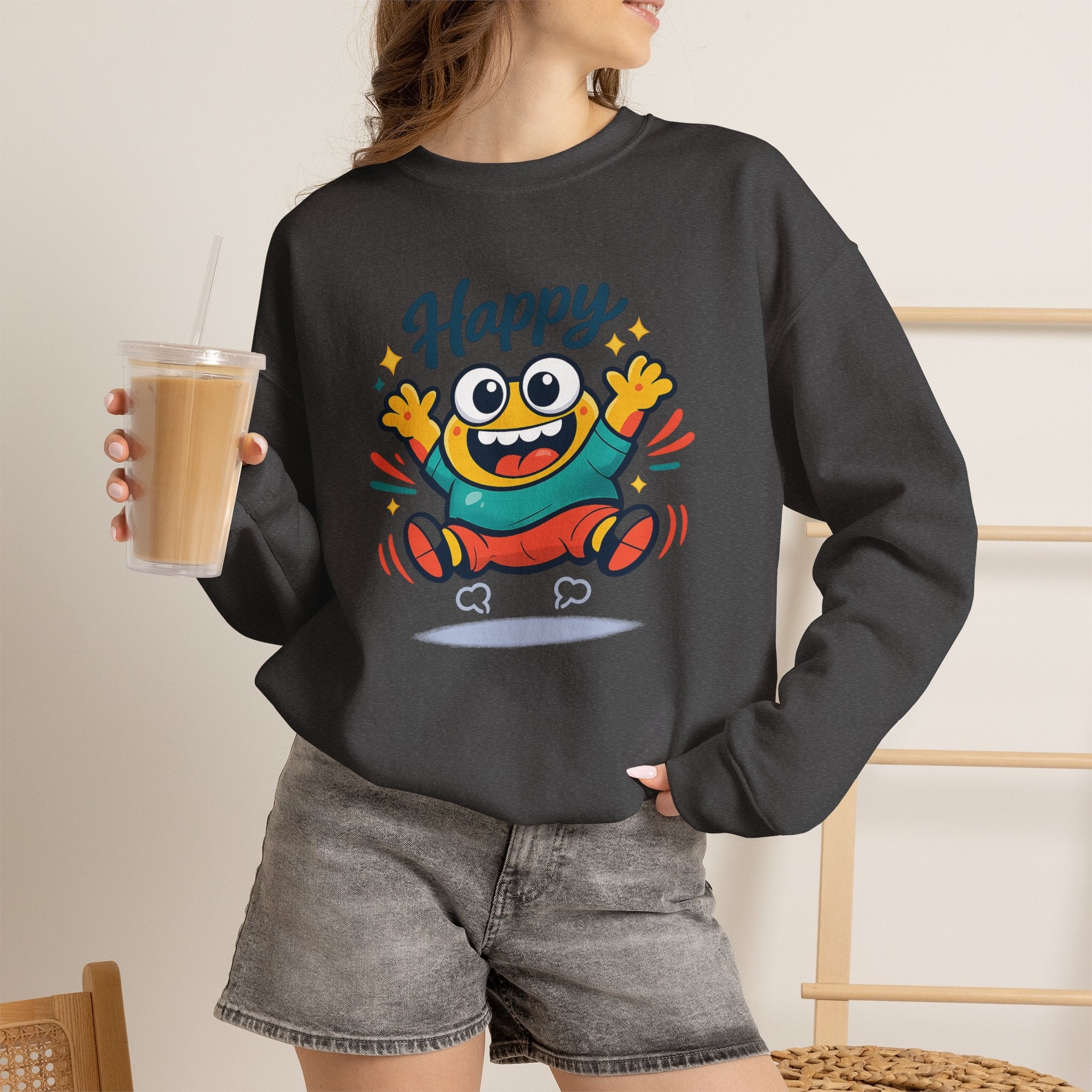 Happy Blob Cartoon Crewneck Sweatshirt | kawaii minimal, thick outline