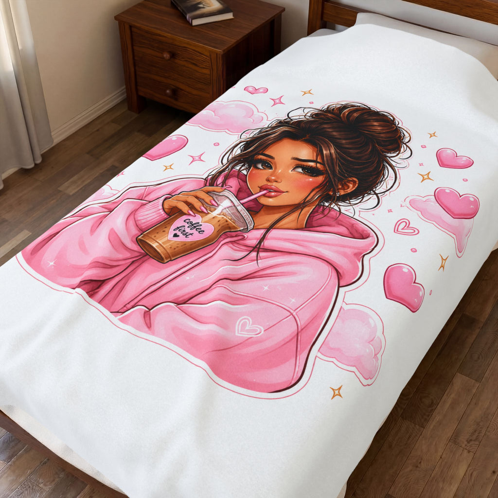 Velveteen Plush Blanket — Cozy Pink Hoodie Girl with Coffee Illustration