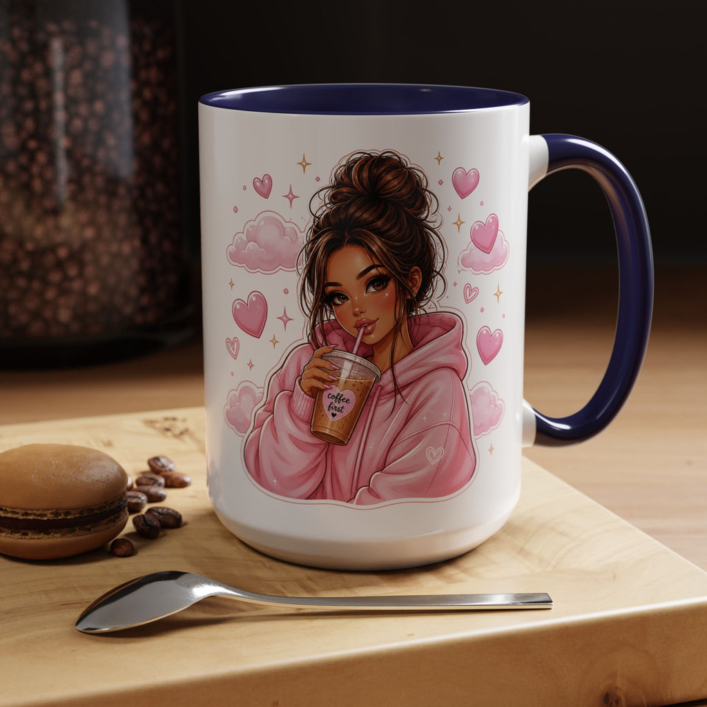 Cute Girl Pink Hoodie Coffee Mug — Iced Coffee Aesthetic Accent Mug (11/15oz)