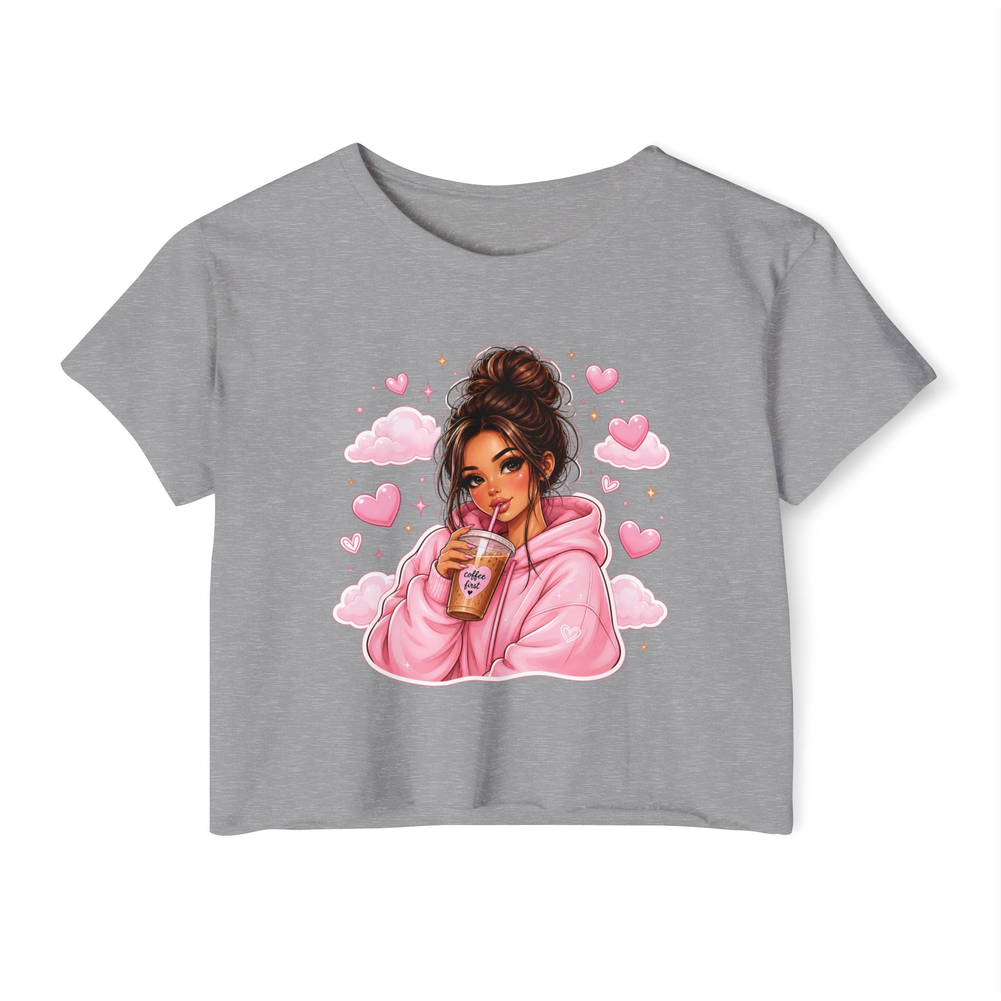 Women's Crop Top — Cute Pink Hoodie Girl Drinking Boba Illustration