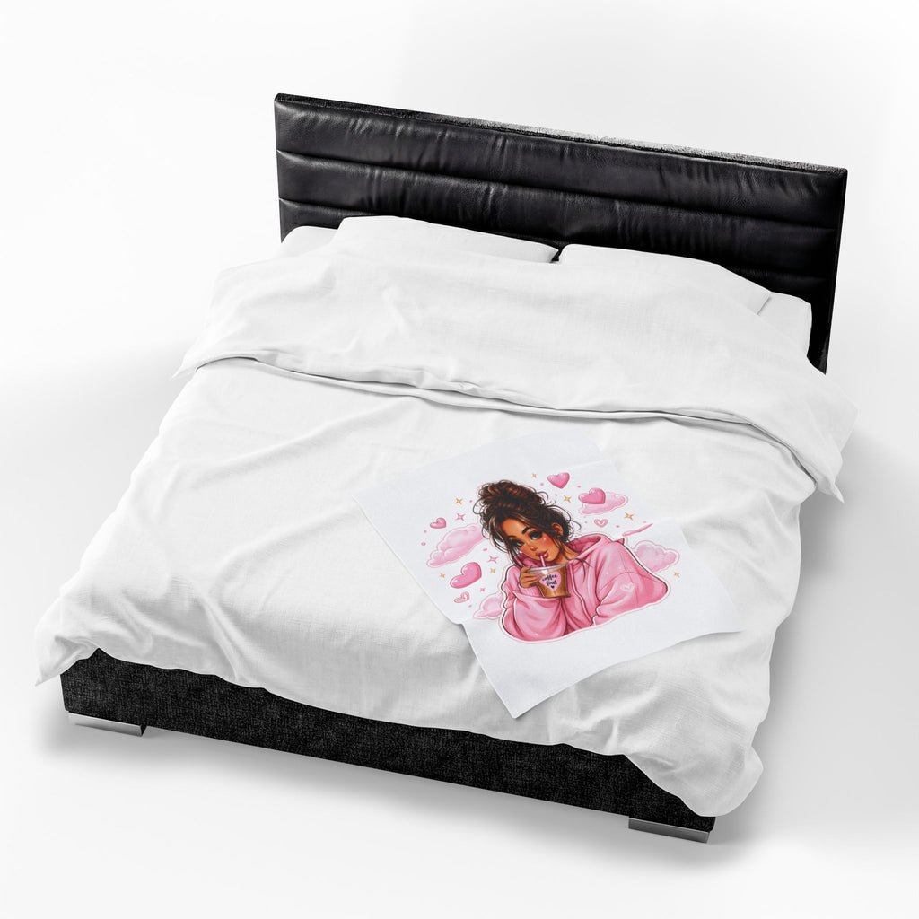 Velveteen Plush Blanket — Cozy Pink Hoodie Girl with Coffee Illustration