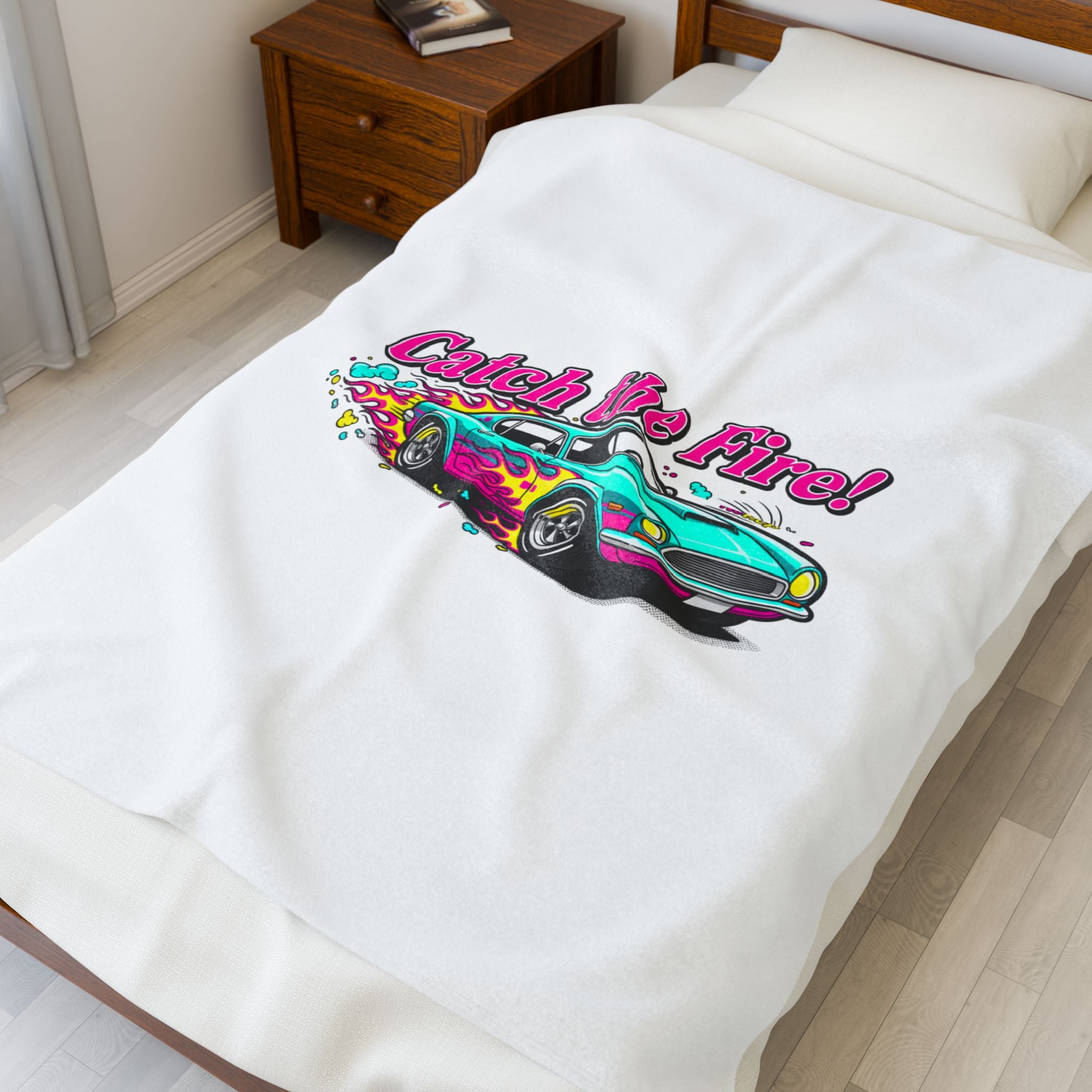 Catch the Fire Retro Cartoon Car Velveteen Plush Blanket | racing flame, vintage car illustration