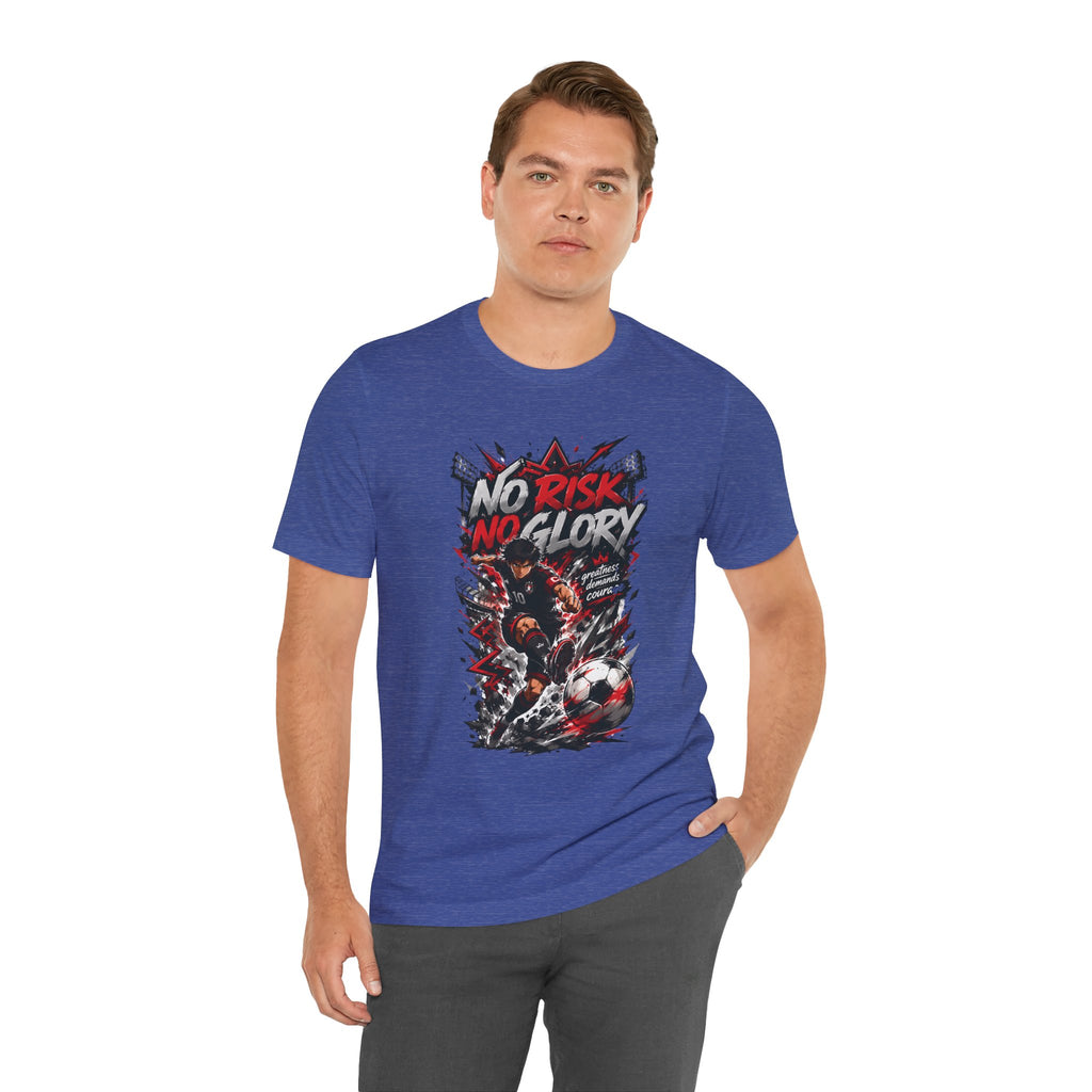 No Risk No Glory Soccer T-Shirt — Dynamic Football Player Graphic Tee