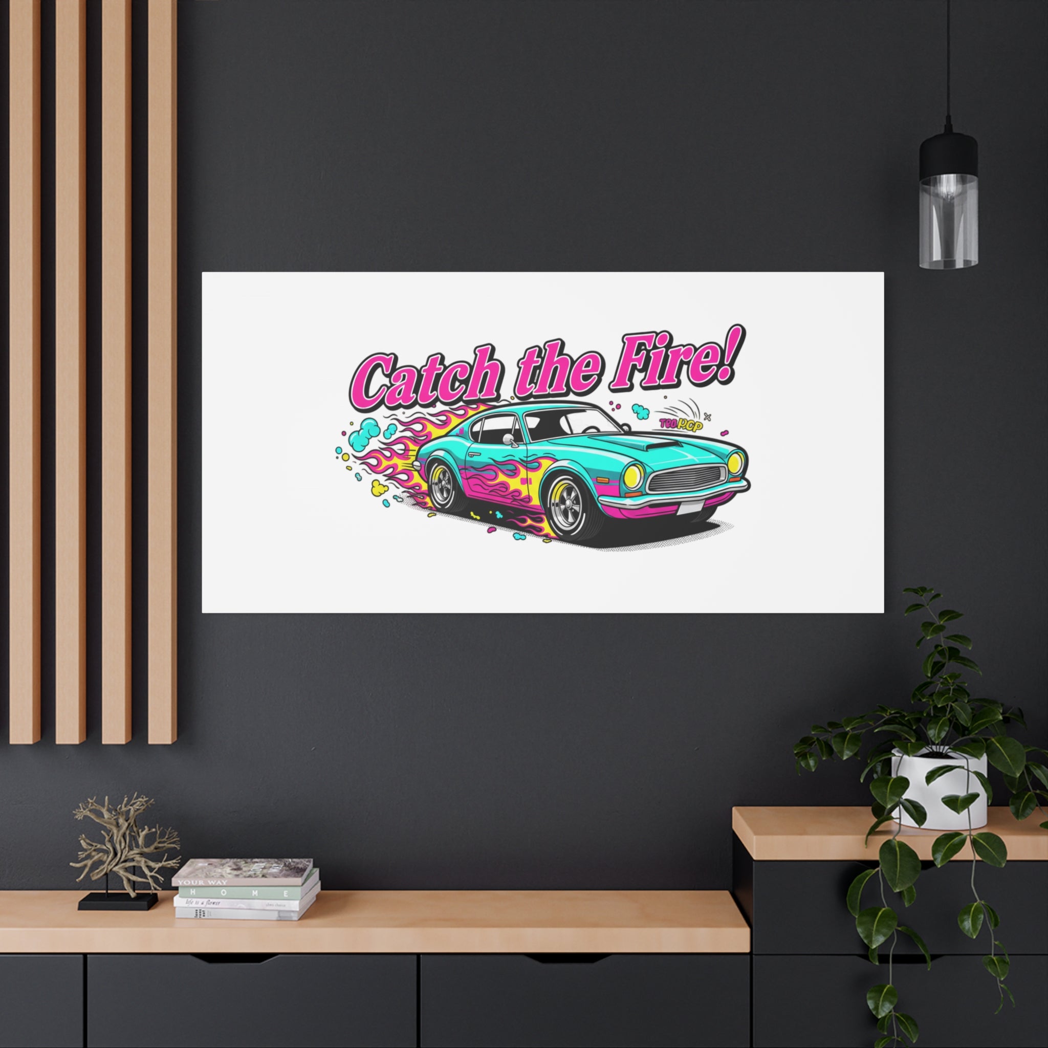 Catch the Fire Retro Car Canvas | Cartoon Racing Flame, Vintage Car Illustration