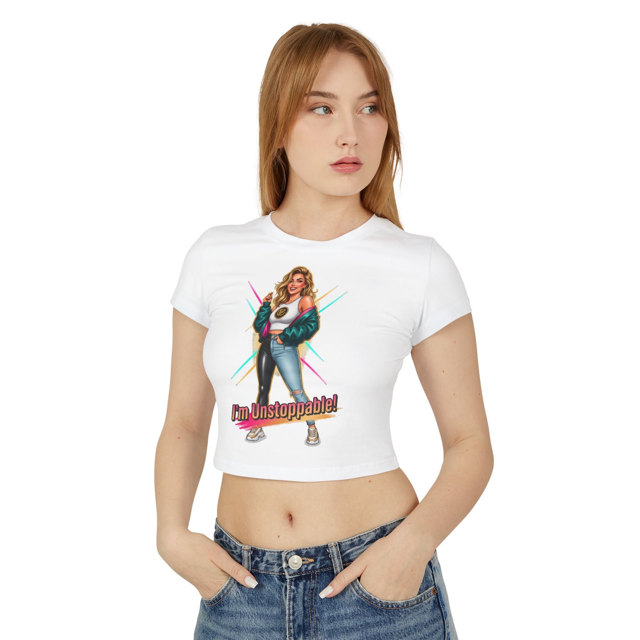 I'm Unstoppable! Women's Baby Tee - Empowering Retro Graphic Crop Top