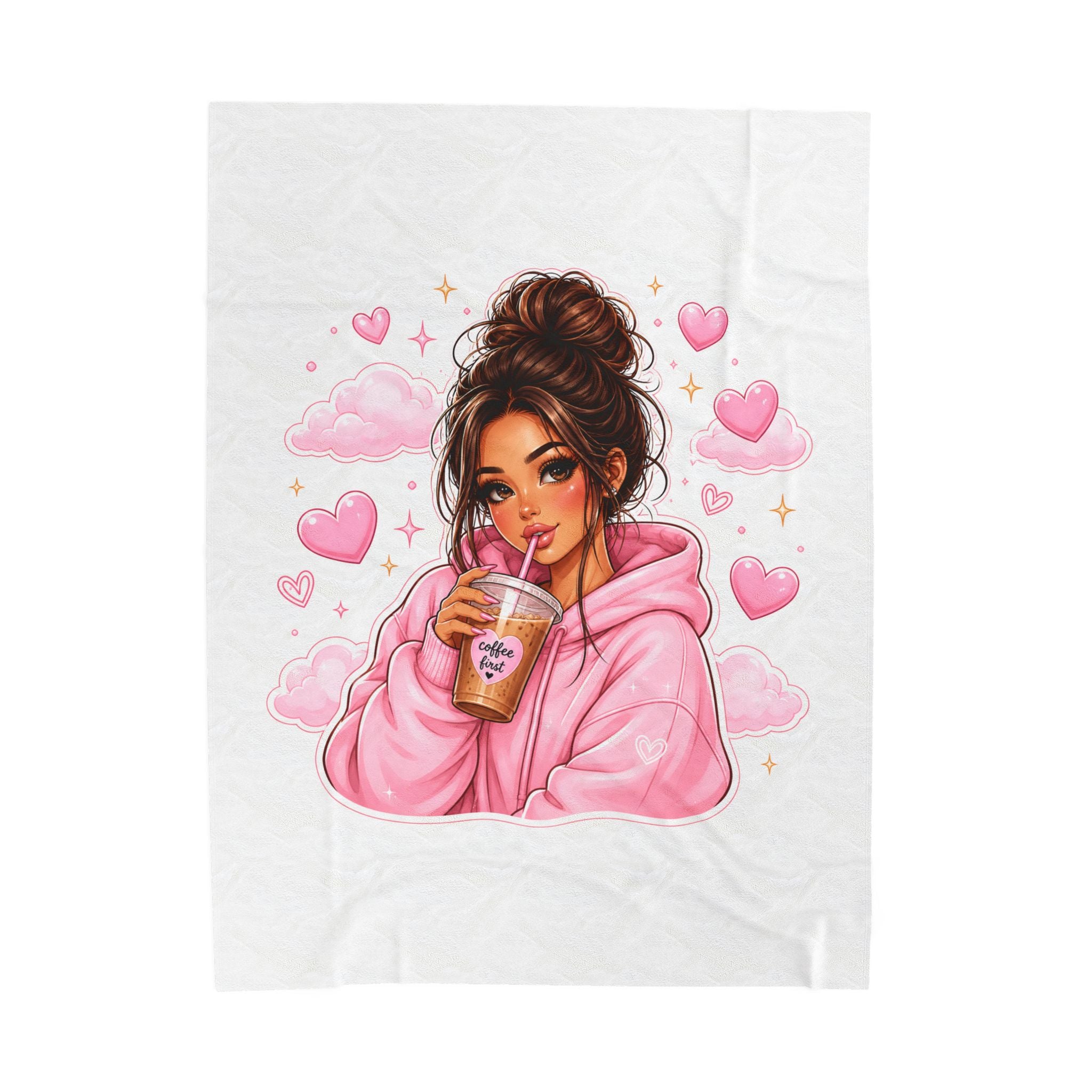 Velveteen Plush Blanket — Cozy Pink Hoodie Girl with Coffee Illustration
