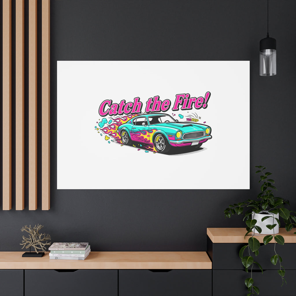 Catch the Fire Retro Car Canvas | Cartoon Racing Flame, Vintage Car Illustration