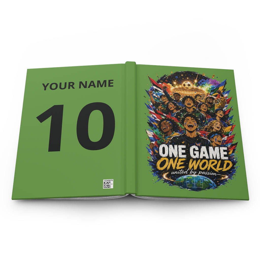Soccer Journal — "One Game One World" Personalized Hardcover Notebook (Custom Name & Number)