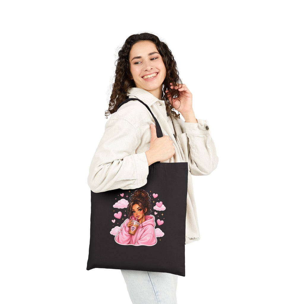 Cute Girl with Coffee Canvas Tote Bag - Pink Hoodie Illustration