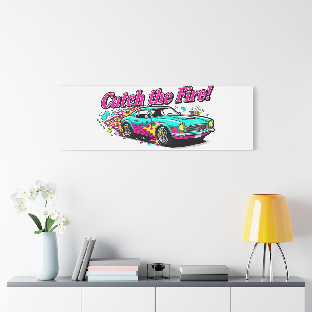 Catch the Fire Retro Car Canvas | Cartoon Racing Flame, Vintage Car Illustration