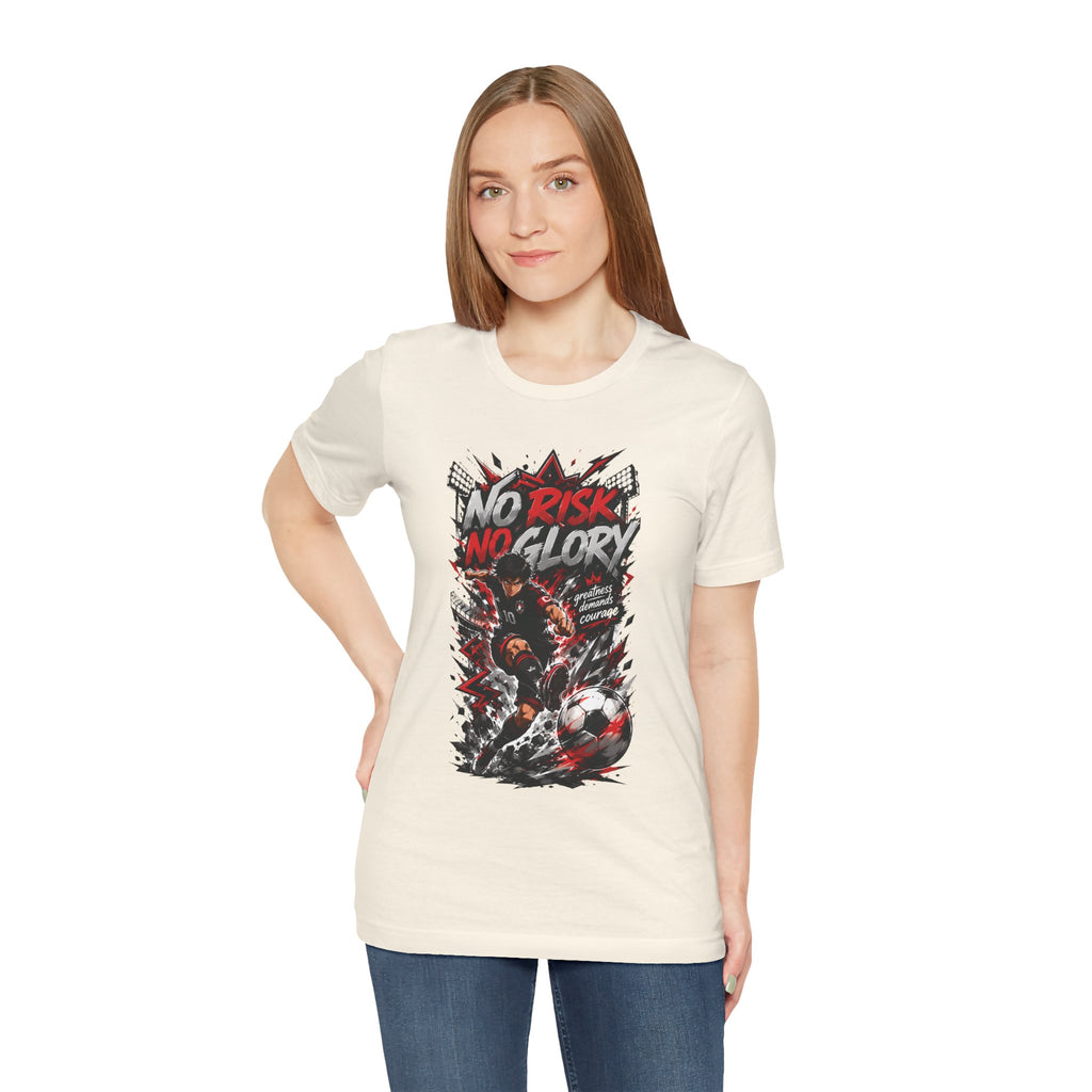 No Risk No Glory Soccer T-Shirt — Dynamic Football Player Graphic Tee