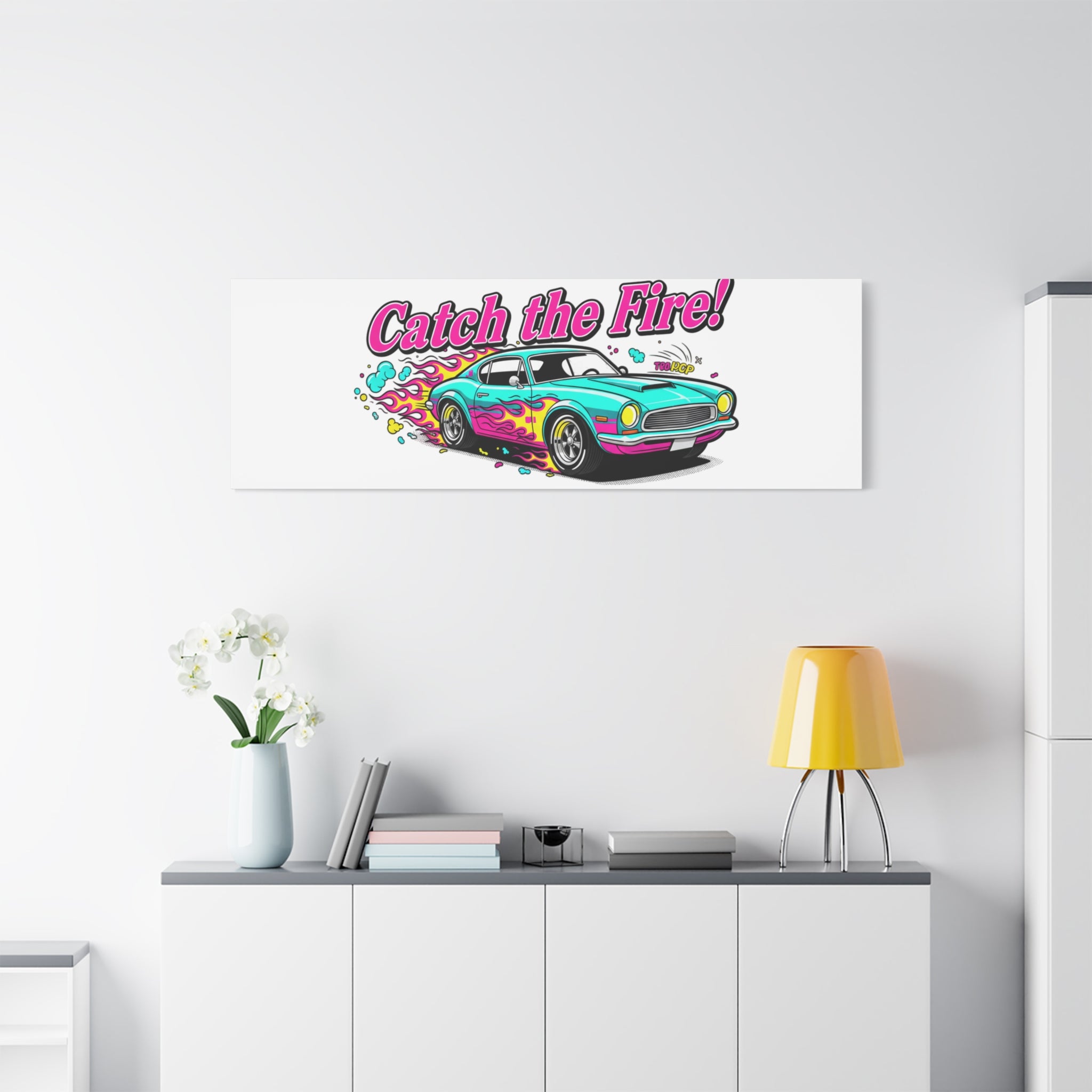 Catch the Fire Retro Car Canvas | Cartoon Racing Flame, Vintage Car Illustration