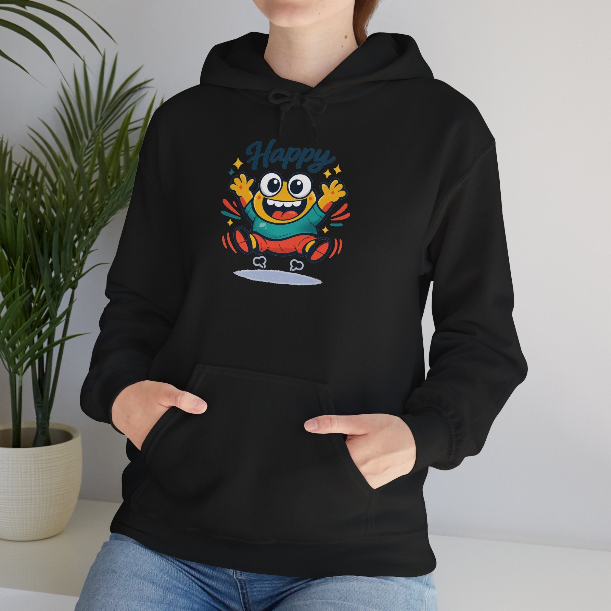 Happy Blob Cartoon Hoodie | kawaii minimal, thick outline mood face