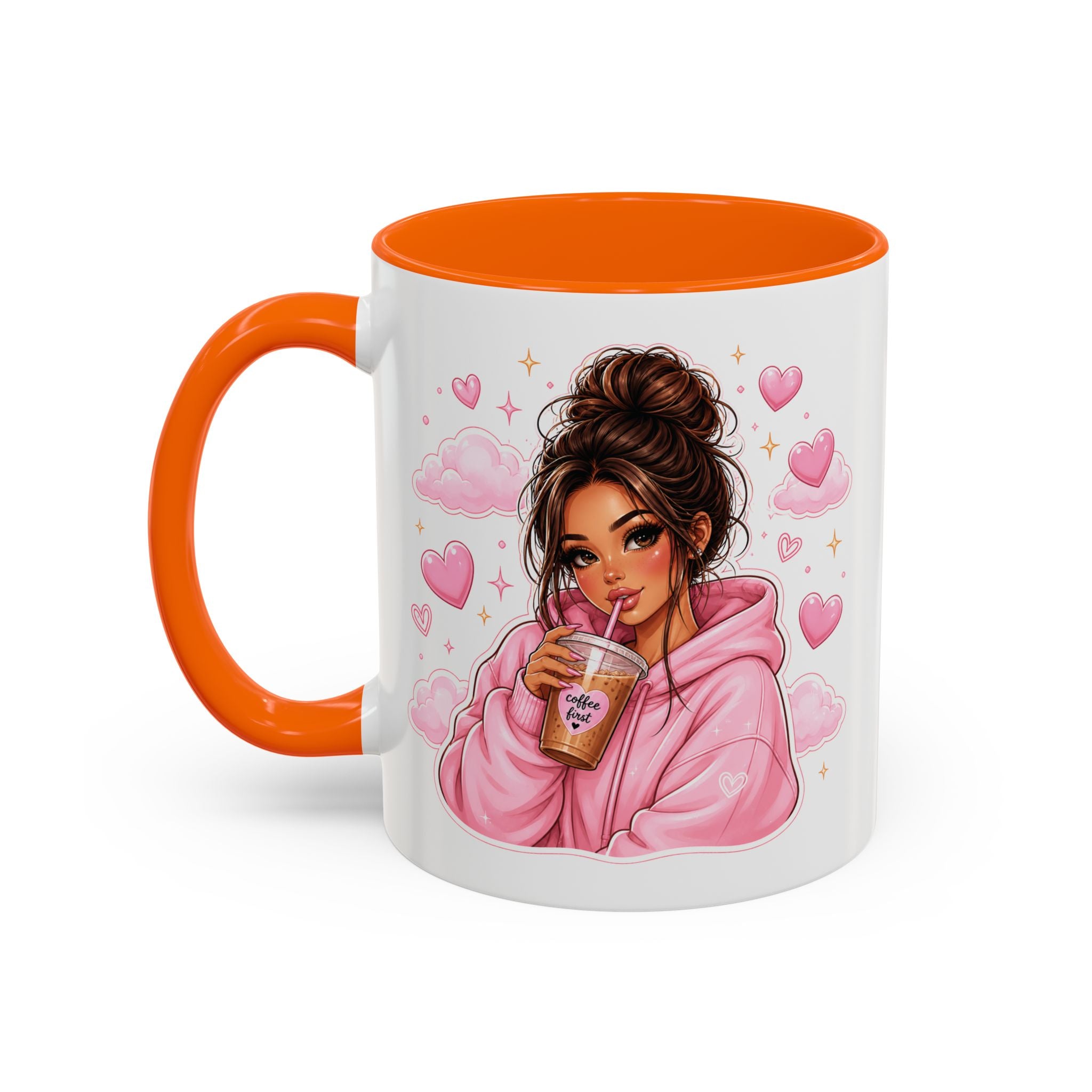 Cute Girl Pink Hoodie Coffee Mug — Iced Coffee Aesthetic Accent Mug (11/15oz)