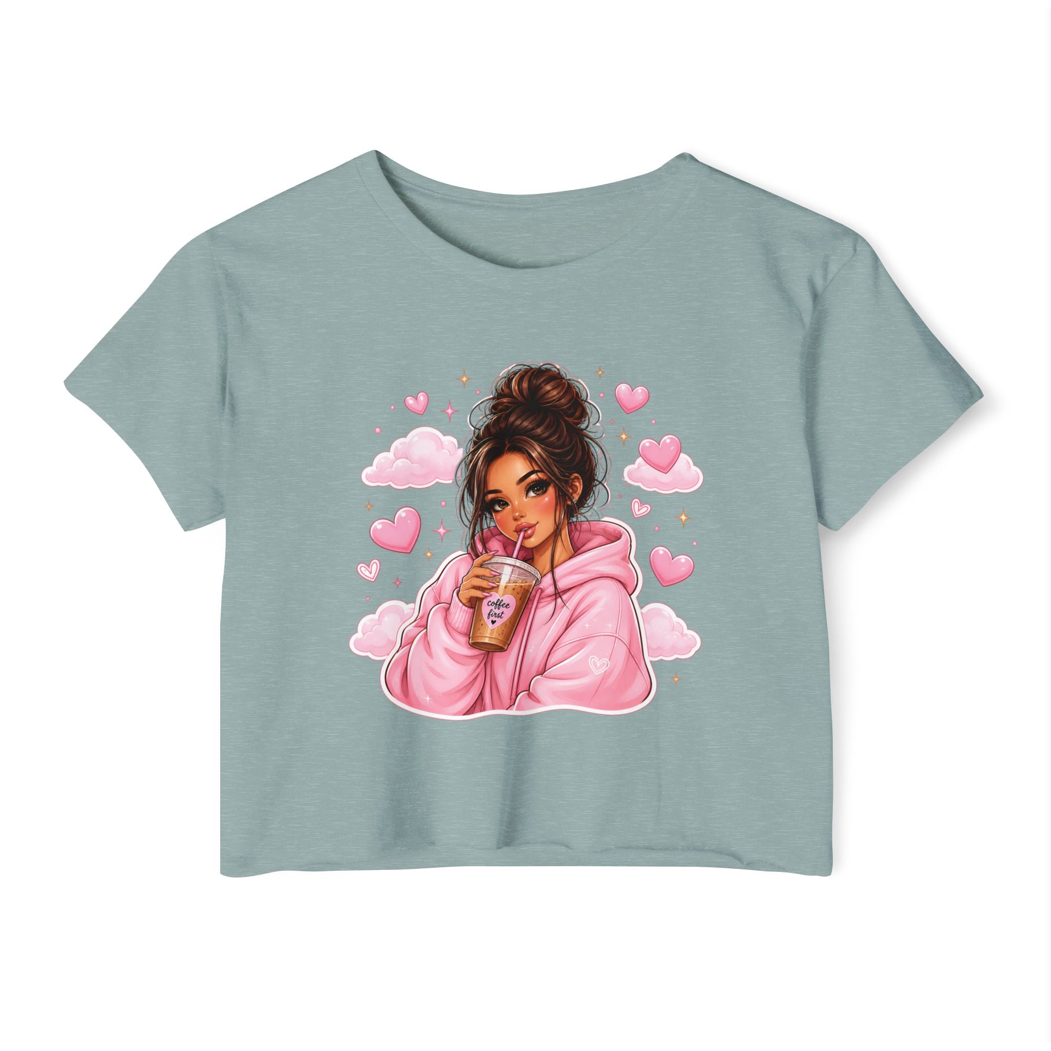 Women's Crop Top — Cute Pink Hoodie Girl Drinking Boba Illustration