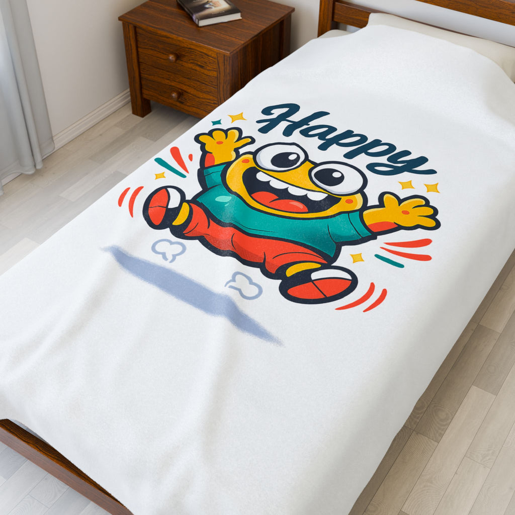 Happy Mood Face Velveteen Plush Blanket | thick outline kawaii cartoon