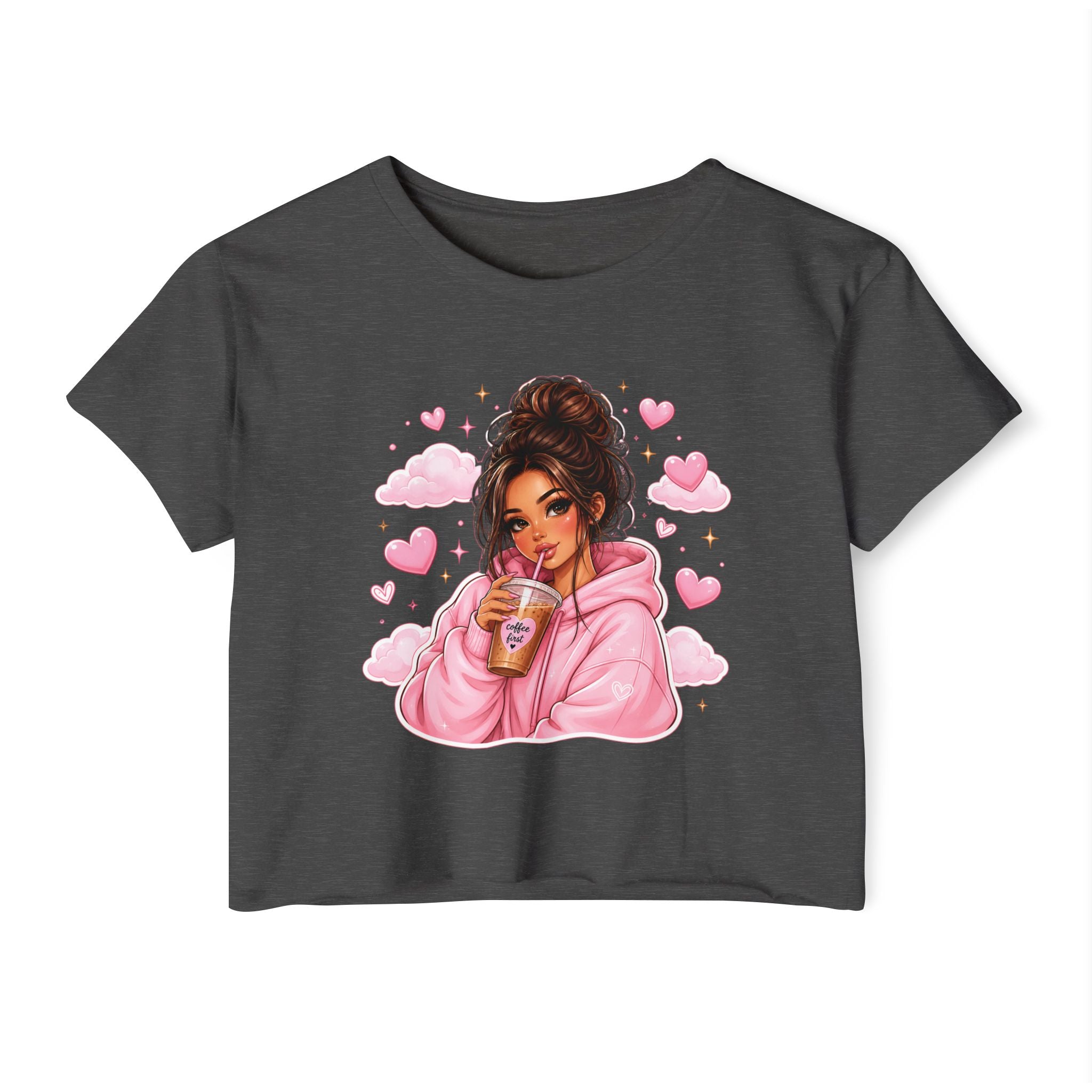 Women's Crop Top — Cute Pink Hoodie Girl Drinking Boba Illustration