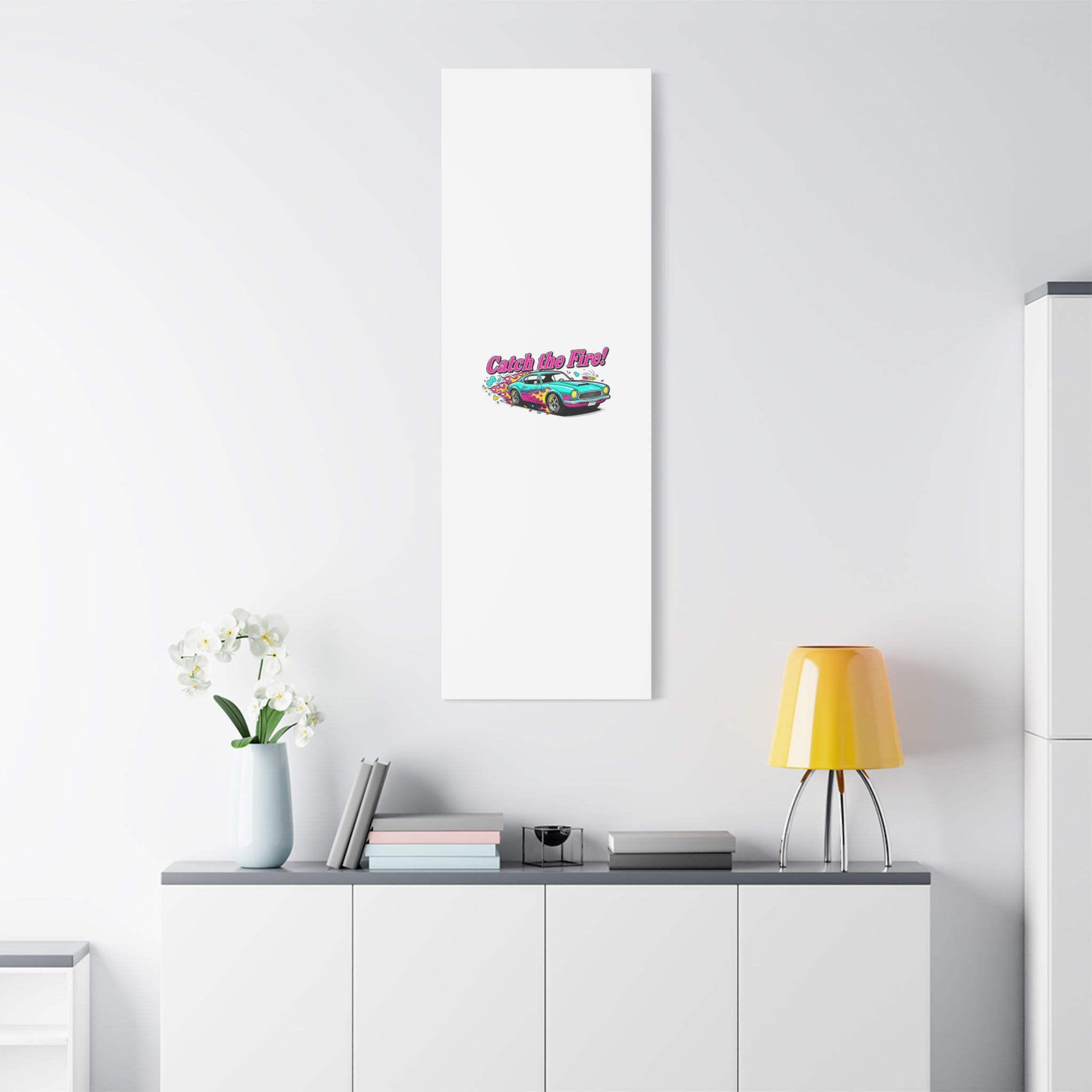 Catch the Fire Retro Car Canvas | Cartoon Racing Flame, Vintage Car Illustration