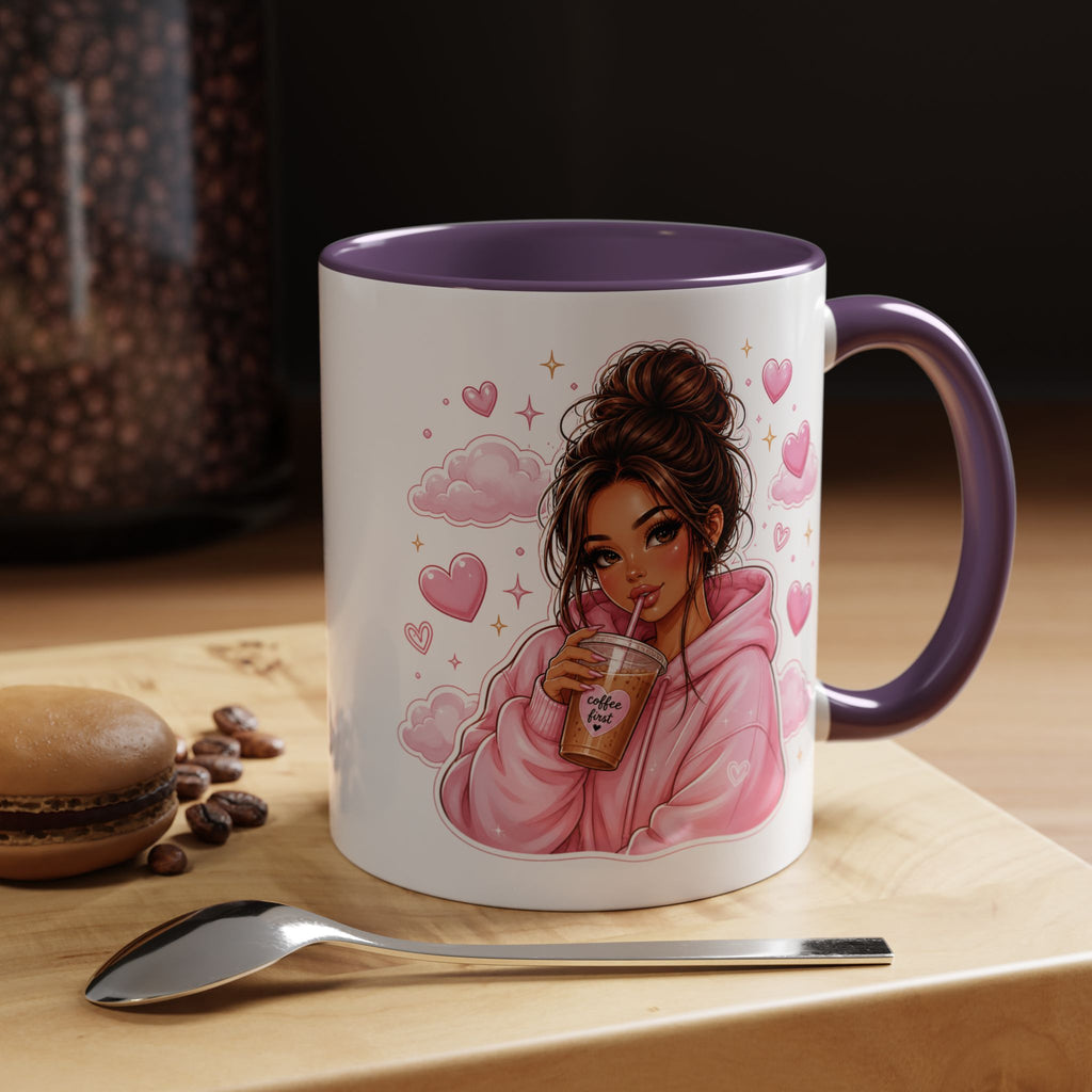 Cute Girl Pink Hoodie Coffee Mug — Iced Coffee Aesthetic Accent Mug (11/15oz)