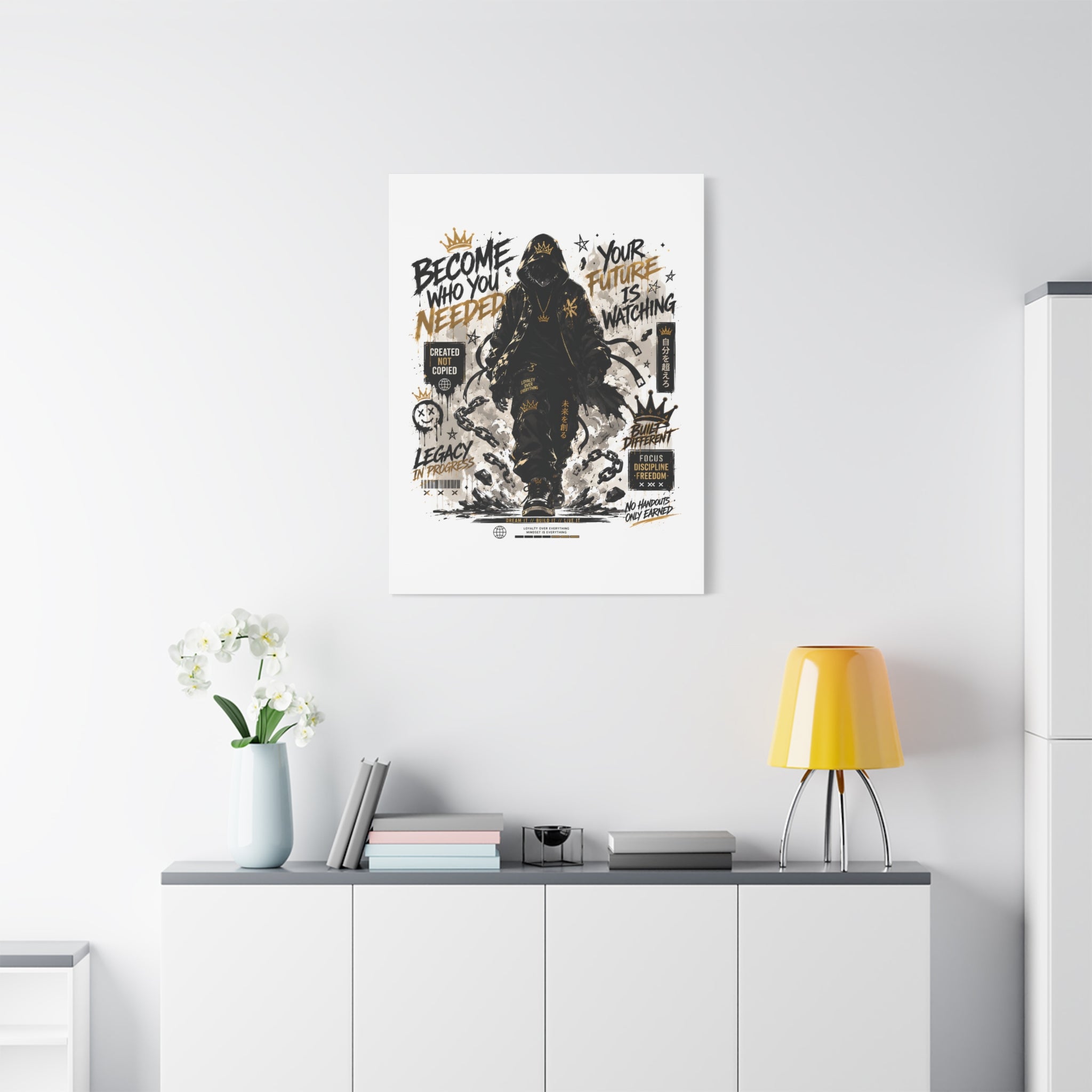 Motivational Street Art Canvas — "Become Who You Needed" Stretched Matte Print