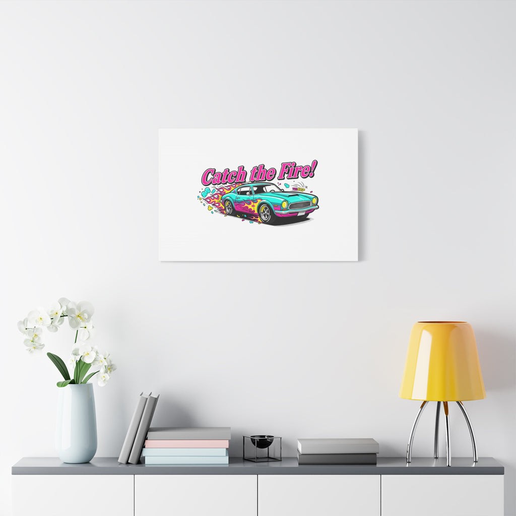 Catch the Fire Retro Car Canvas | Cartoon Racing Flame, Vintage Car Illustration