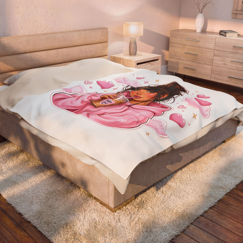 Velveteen Plush Blanket — Cozy Pink Hoodie Girl with Coffee Illustration