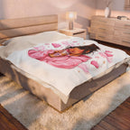 Velveteen Plush Blanket — Cozy Pink Hoodie Girl with Coffee Illustration