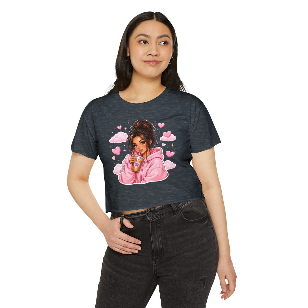 Women's Crop Top — Cute Pink Hoodie Girl Drinking Boba Illustration