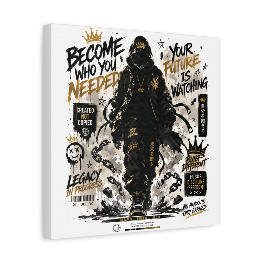 Motivational Street Art Canvas — "Become Who You Needed" Stretched Matte Print