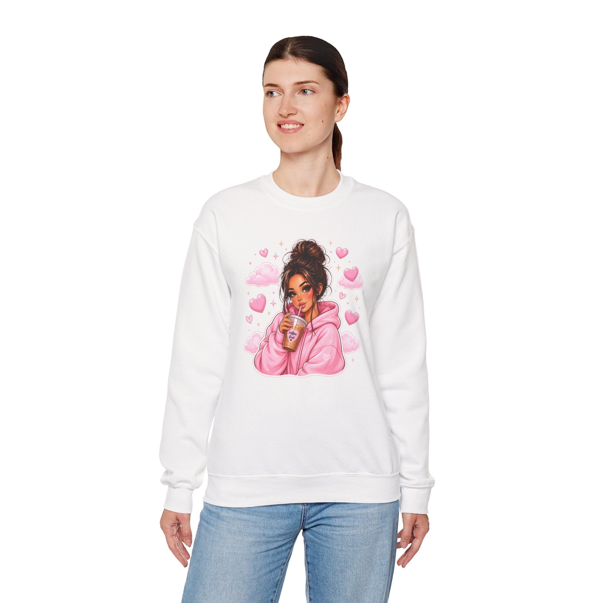 Cozy Pink Heart Girl Crewneck Sweatshirt