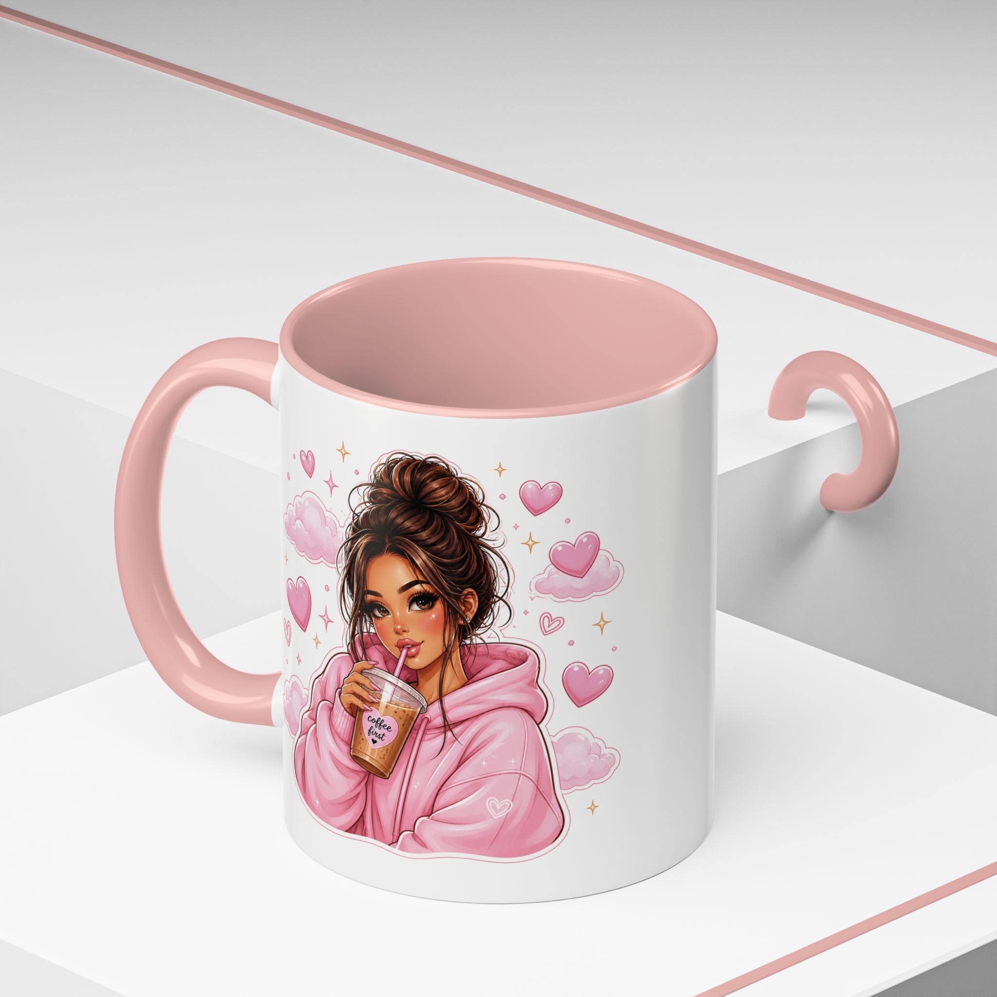 Cute Girl Pink Hoodie Coffee Mug — Iced Coffee Aesthetic Accent Mug (11/15oz)