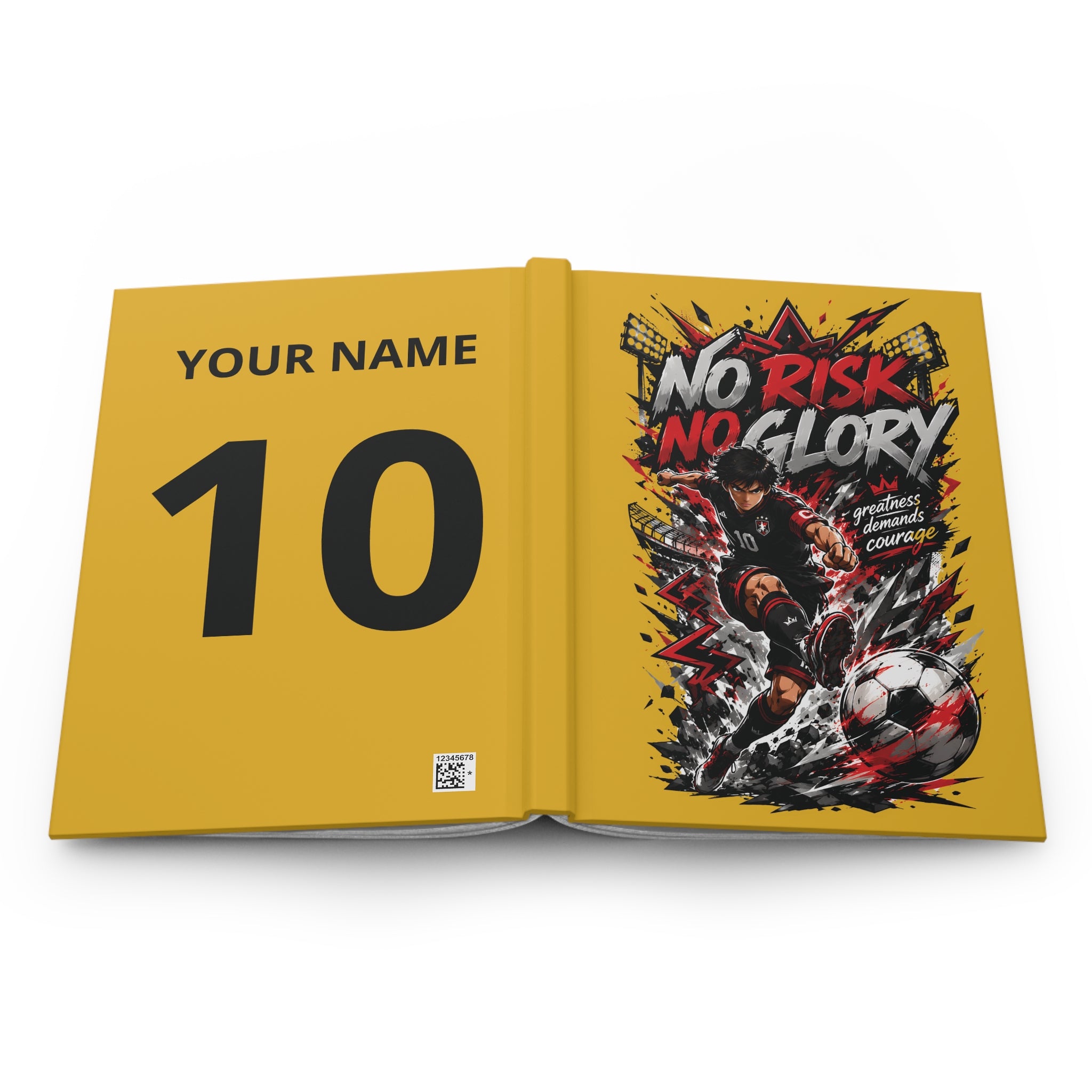 No Risk No Glory Soccer Journal — Personalized Hardcover Sports Notebook (Your Name & Number)