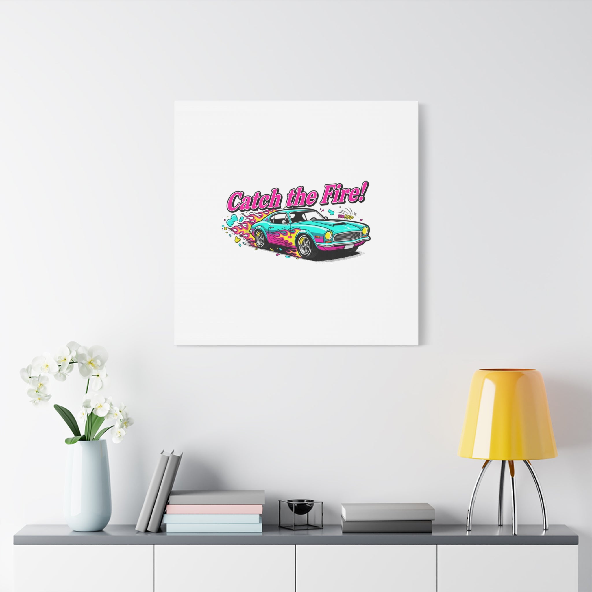 Catch the Fire Retro Car Canvas | Cartoon Racing Flame, Vintage Car Illustration