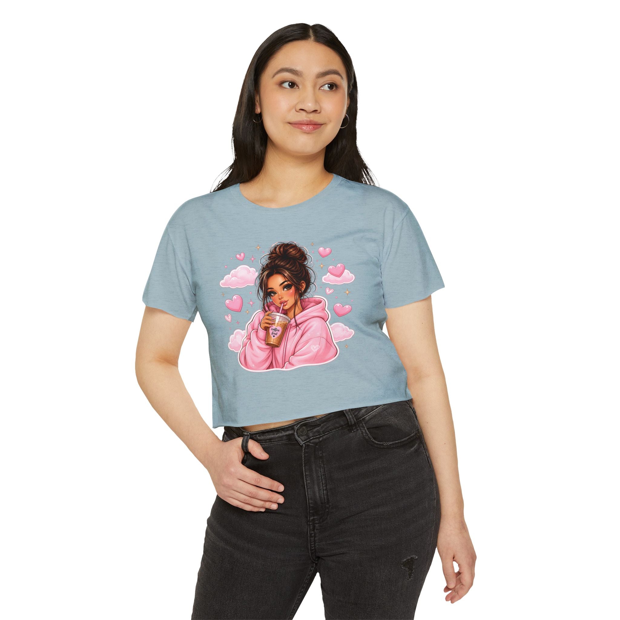 Women's Crop Top — Cute Pink Hoodie Girl Drinking Boba Illustration
