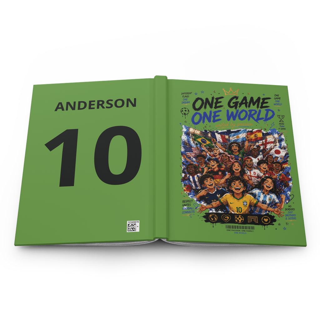 Hardcover Journal — 'One Game One World' Soccer Team Illustration (Personalized Back Number)