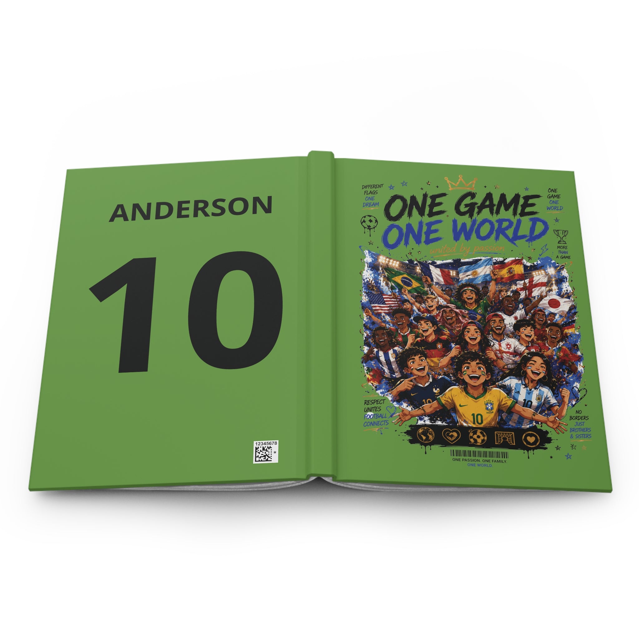 Hardcover Journal — 'One Game One World' Soccer Team Illustration (Personalized Back Number)