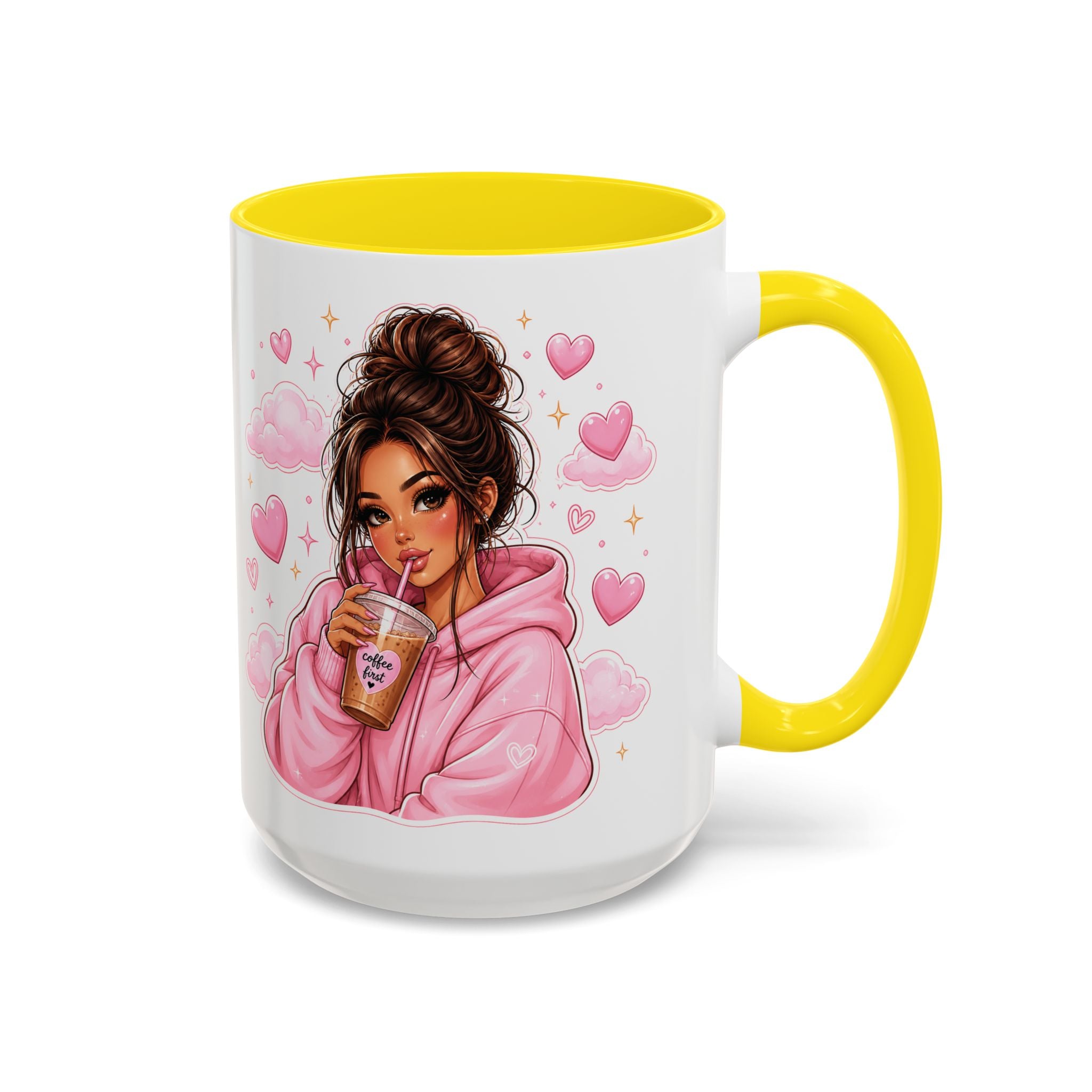 Cute Girl Pink Hoodie Coffee Mug — Iced Coffee Aesthetic Accent Mug (11/15oz)