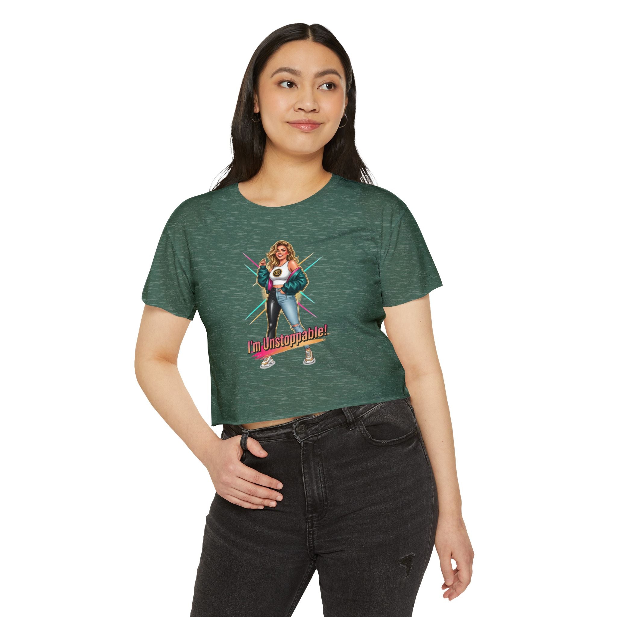 Women’s Festival Crop Top — “I’m Unstoppable!” Retro 80s Empowerment Tee