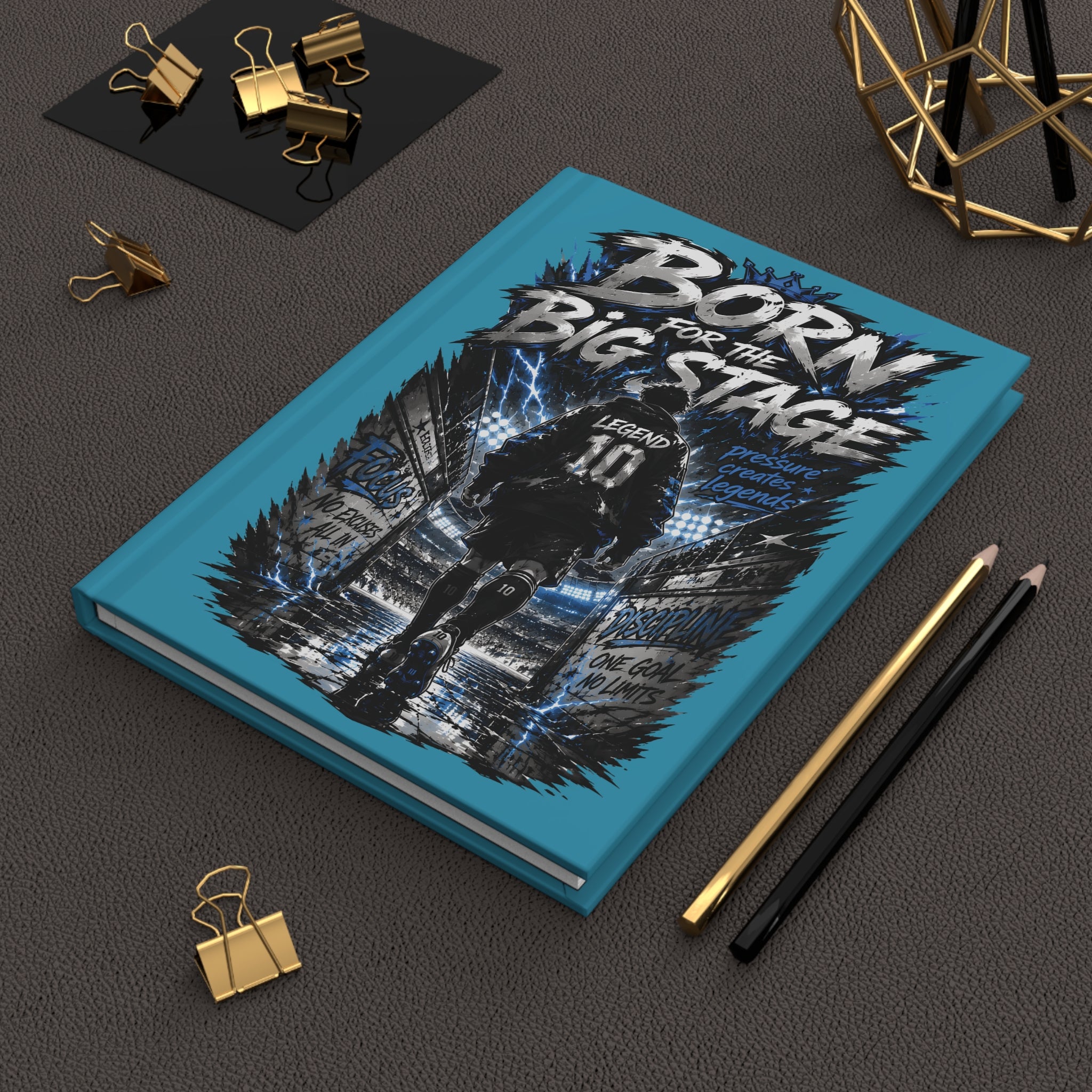 Born for the Big Stage Hardcover Journal — Personalized Soccer Player Notebook (Your Name & Number)