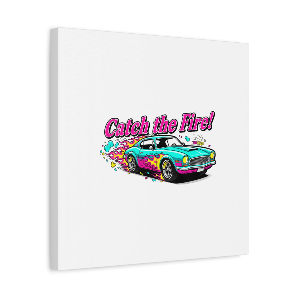 Catch the Fire Retro Car Canvas | Cartoon Racing Flame, Vintage Car Illustration