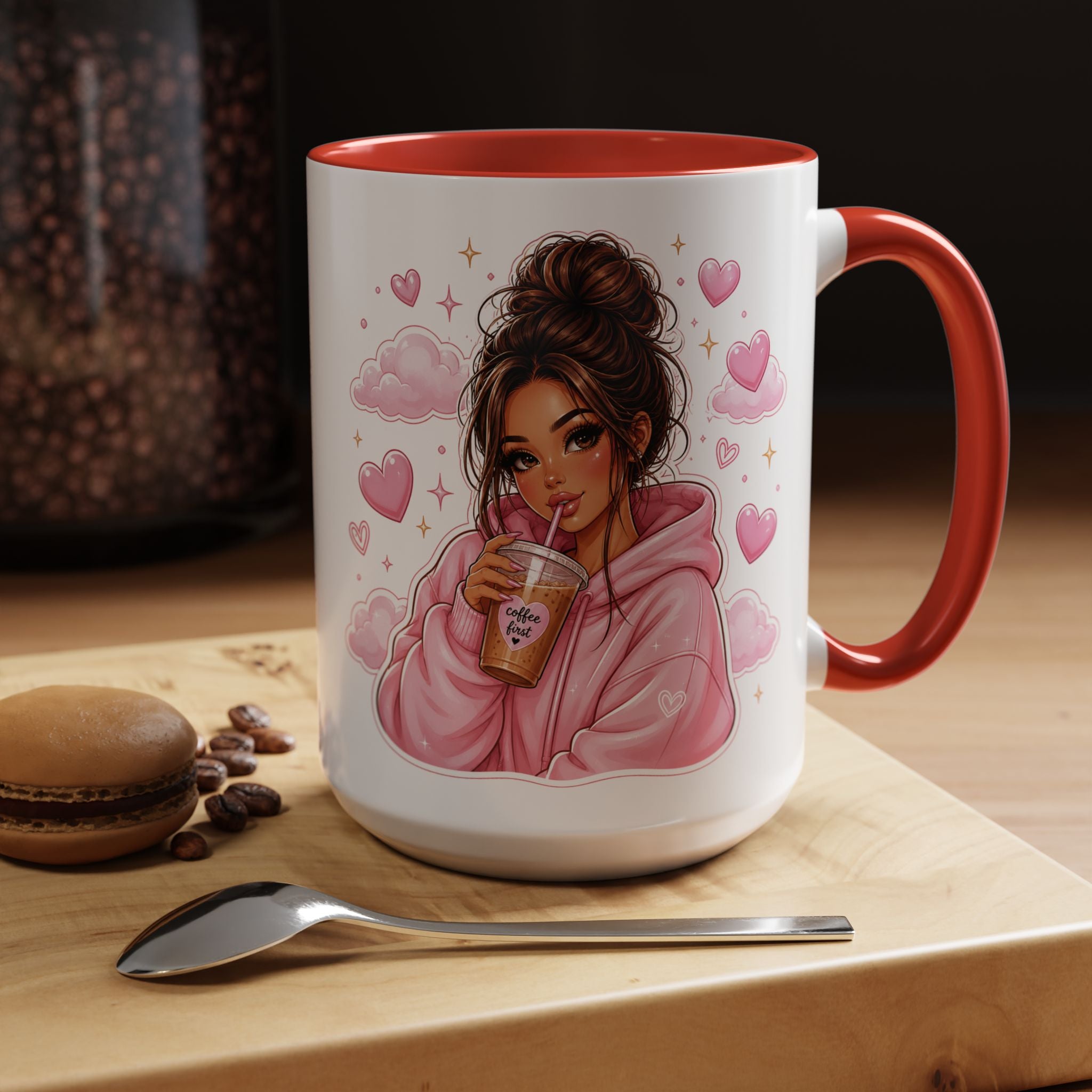 Cute Girl Pink Hoodie Coffee Mug — Iced Coffee Aesthetic Accent Mug (11/15oz)