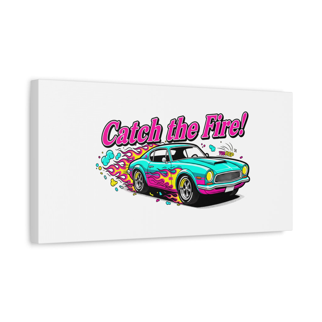 Catch the Fire Retro Car Canvas | Cartoon Racing Flame, Vintage Car Illustration