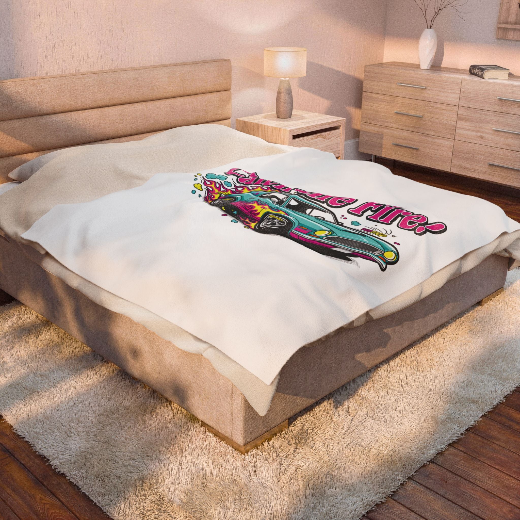Catch the Fire Retro Cartoon Car Velveteen Plush Blanket | racing flame, vintage car illustration