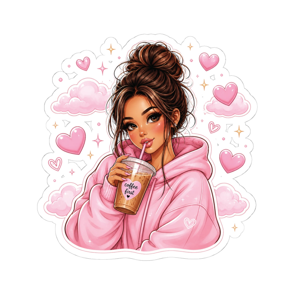 Cute Girl Sipping Coffee Sticker — Pink Hoodie Kiss-Cut Vinyl Decal