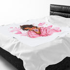 Velveteen Plush Blanket — Cozy Pink Hoodie Girl with Coffee Illustration