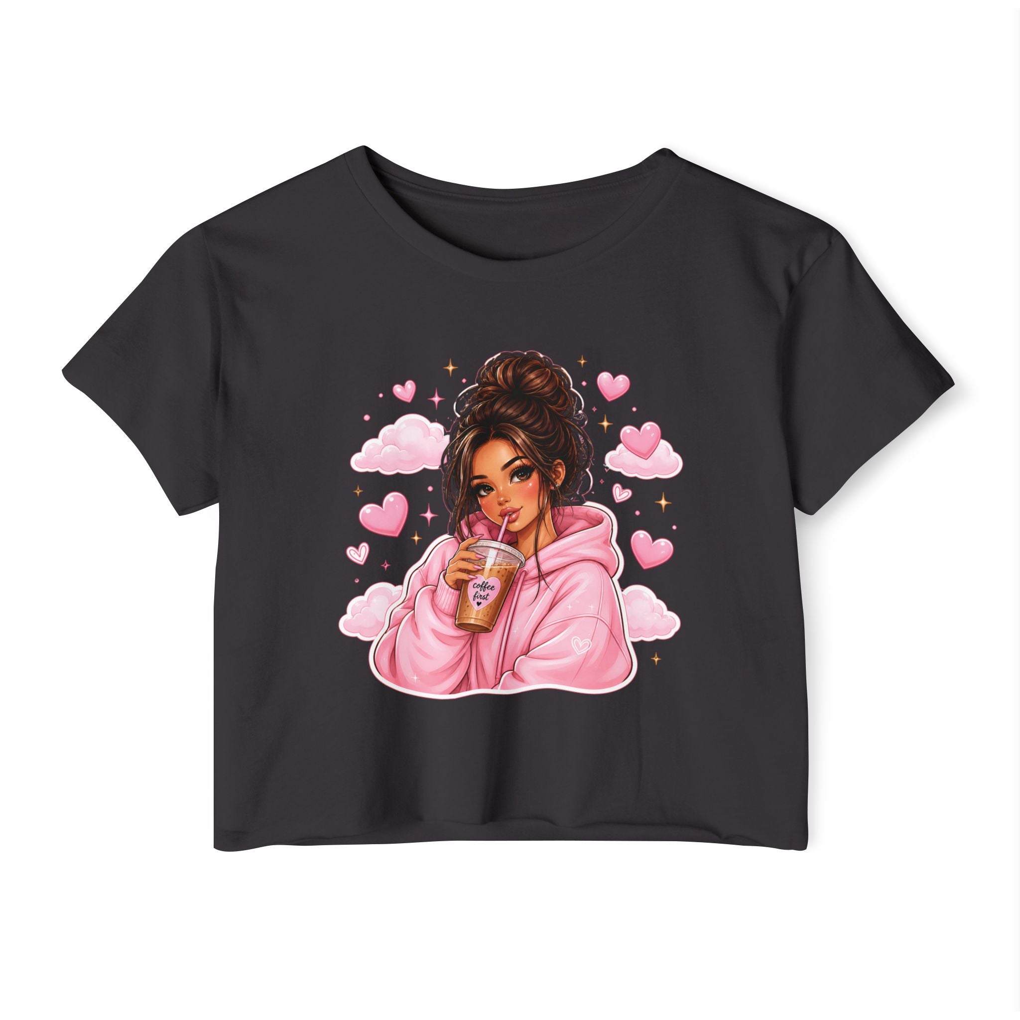 Women's Crop Top — Cute Pink Hoodie Girl Drinking Boba Illustration