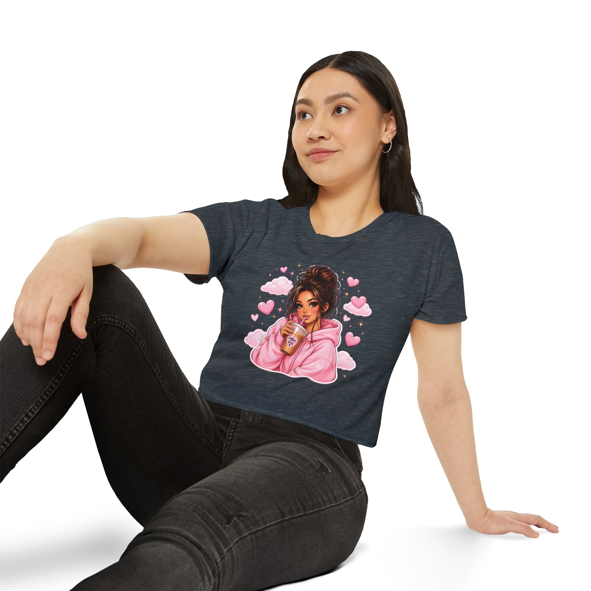Women's Crop Top — Cute Pink Hoodie Girl Drinking Boba Illustration