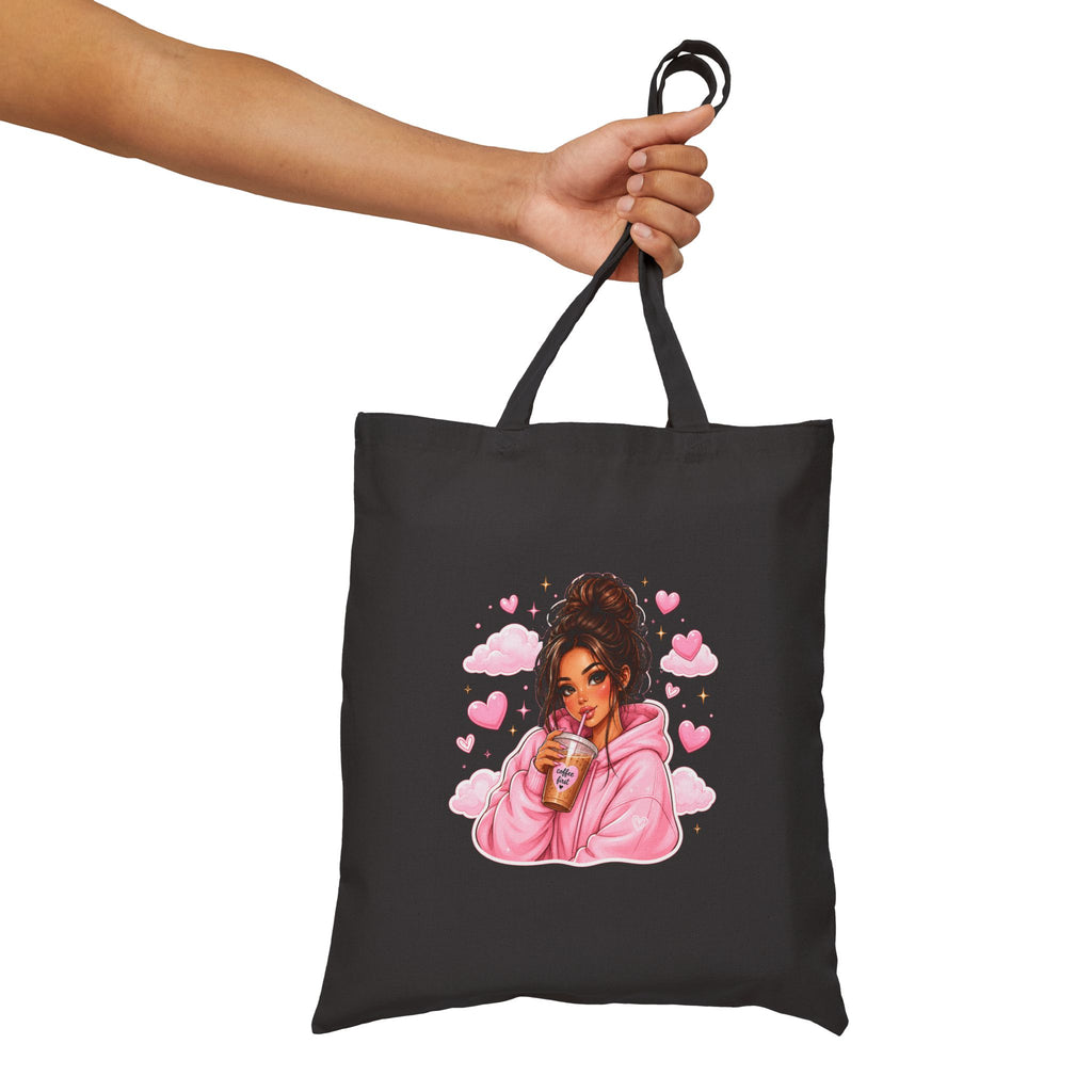 Cute Girl with Coffee Canvas Tote Bag - Pink Hoodie Illustration