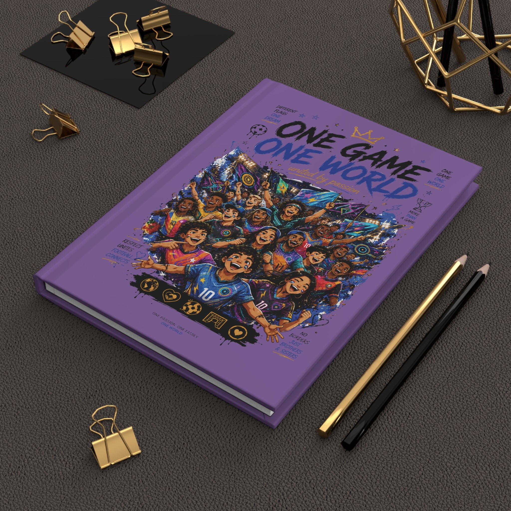 One Game One World Hardcover Journal — Soccer Fan Notebook with Customizable Name & Number