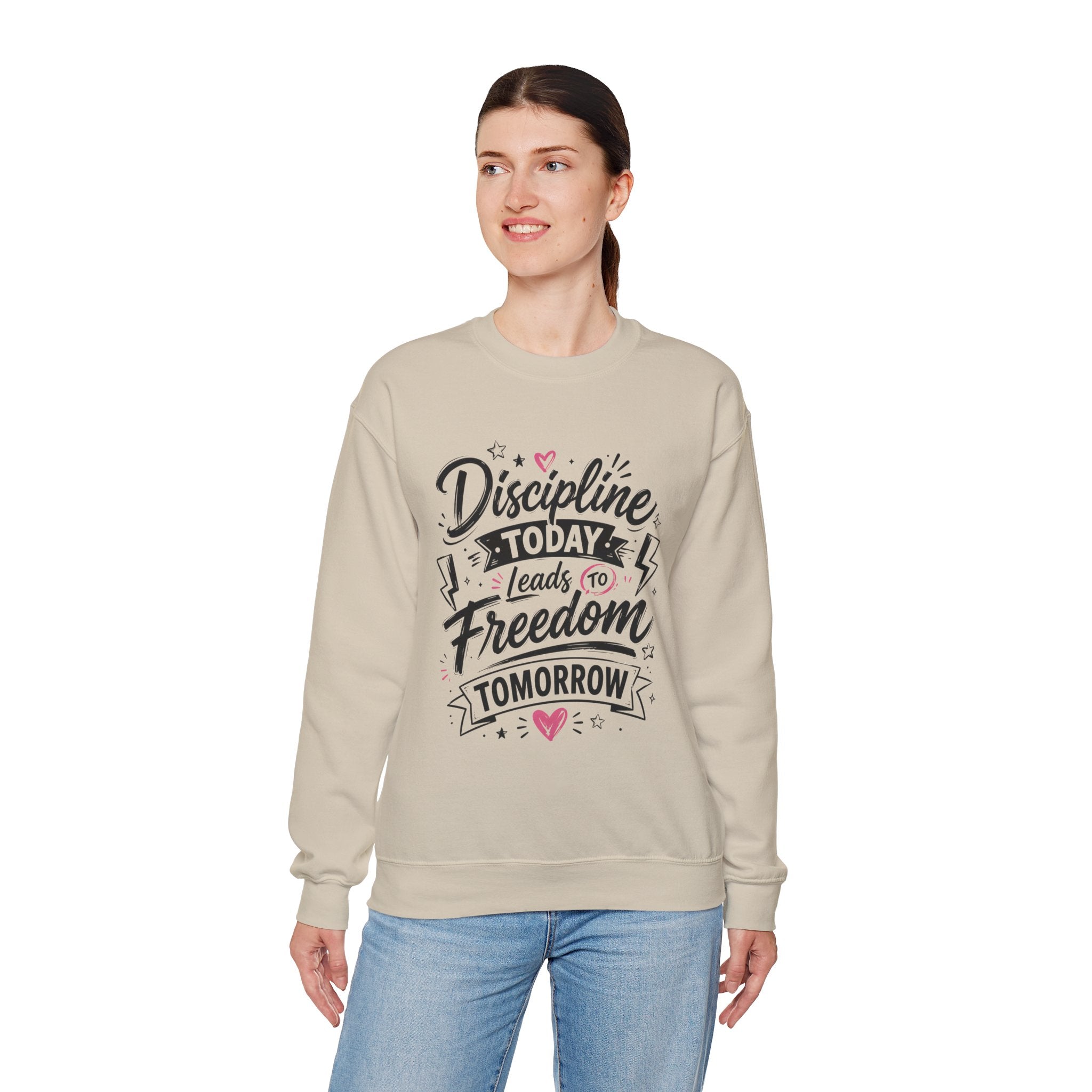 Crewneck Sweatshirt — "Discipline Today Leads to Freedom Tomorrow" Motivational Graphic